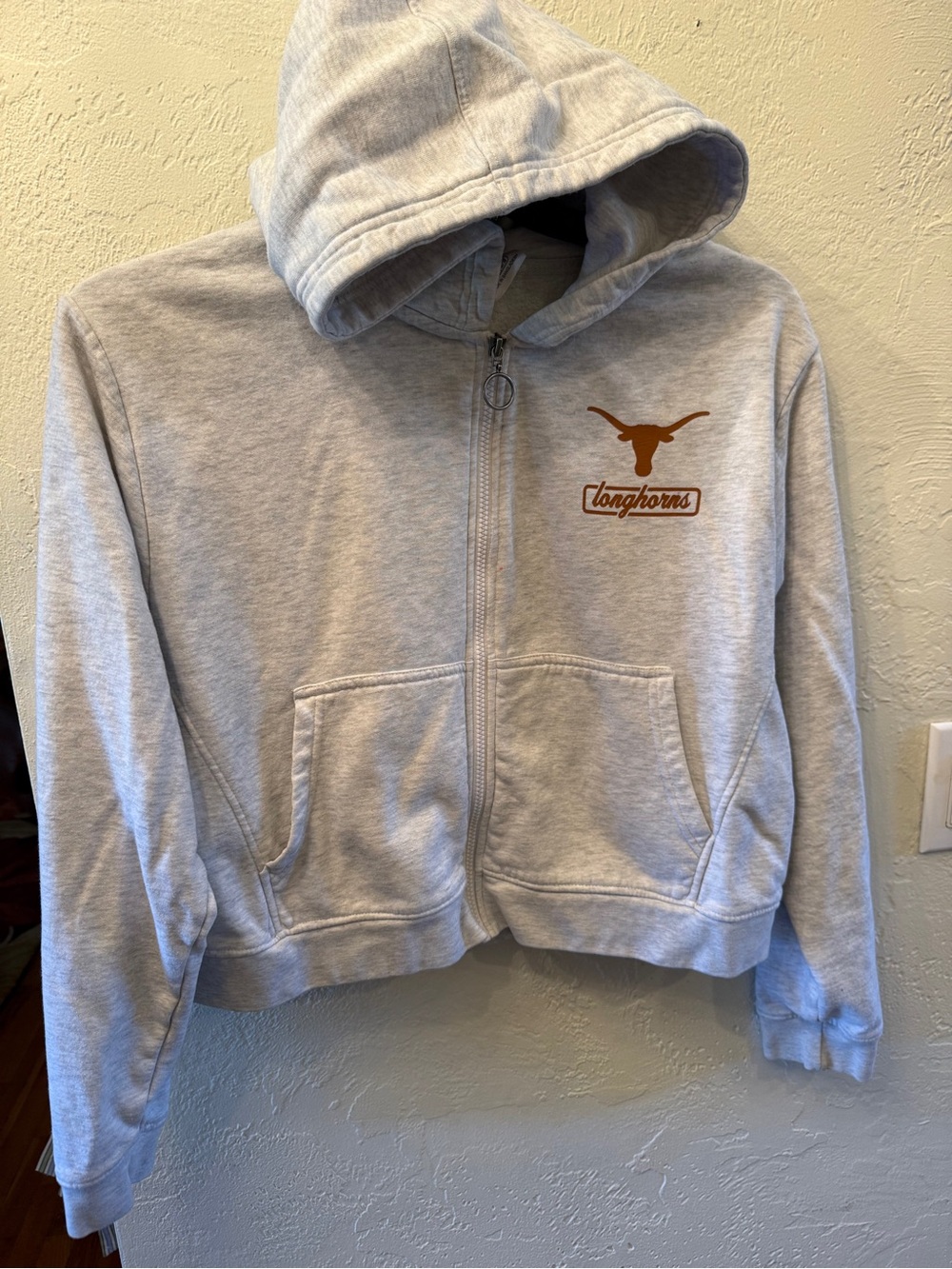 Women’s XL Cropped Gray Zip-Up Hoodie with Texas Longhorns Logo